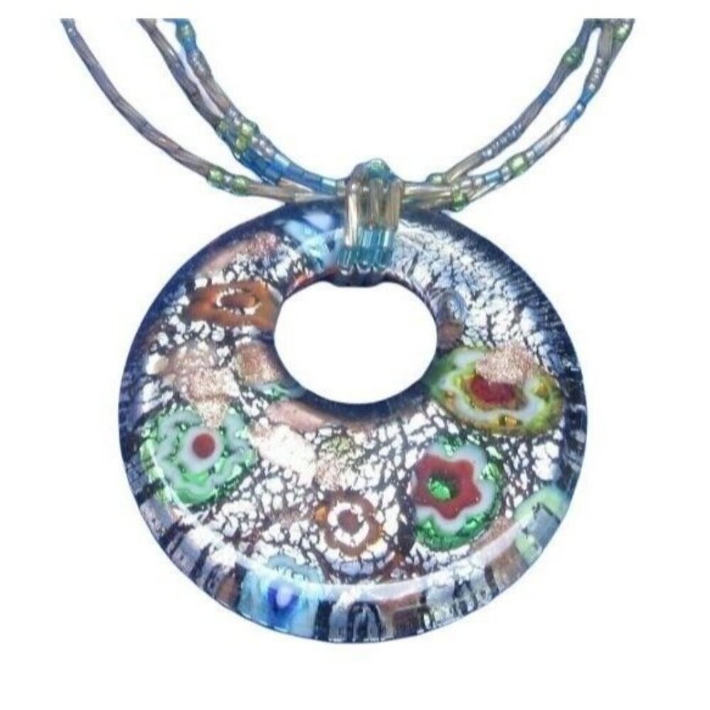 Vtg Handmade Beaded Millefiori Necklace Large Floral Glass Pendant Earrings Set